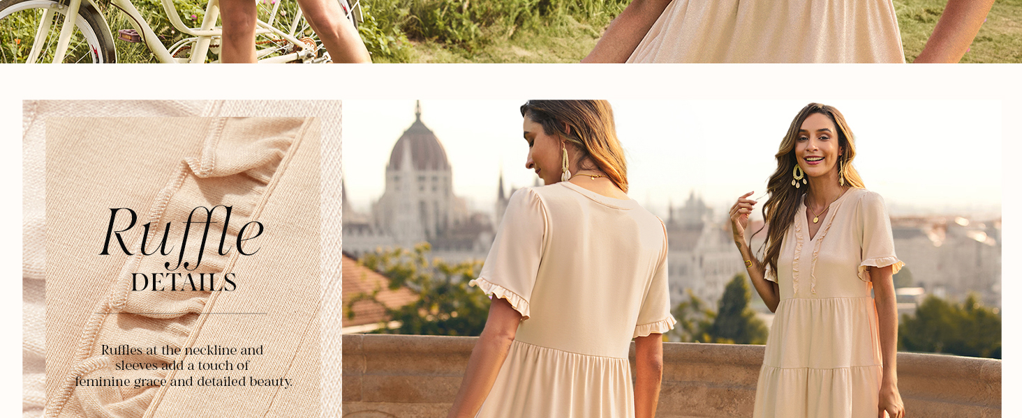 Women wearing elegant beige dresses with ruffle details in